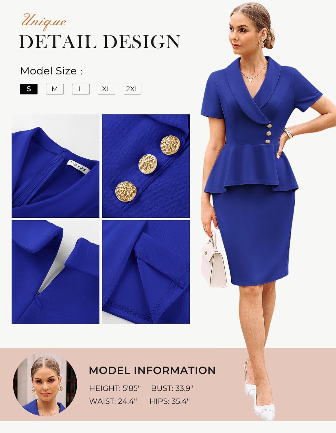 imageGRACE KARIN Work Dresses for Women 2026 Short Sleeve Bodycon Business Midi Dress Lapel V Neck Office Church Sheath OutfitsRoyal Blue
