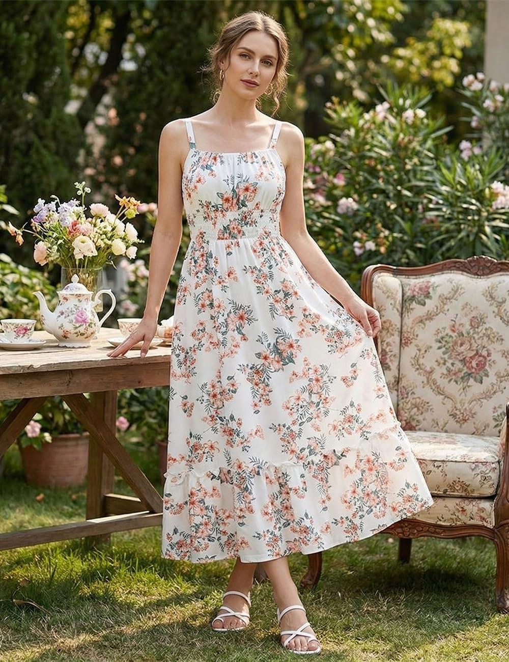 imageMommy and Me Floral Smocked DressSpaghetti Strap Boho DressSummer Maxi Dress with PocketsApricot Flower