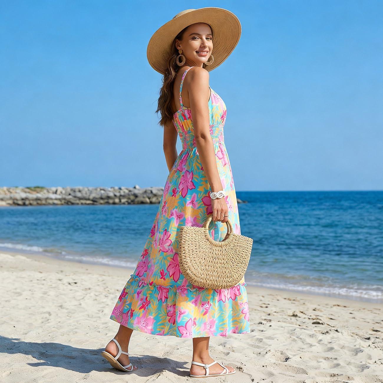 imageMommy and Me Floral Smocked DressSpaghetti Strap Boho DressSummer Maxi Dress with PocketsBlue