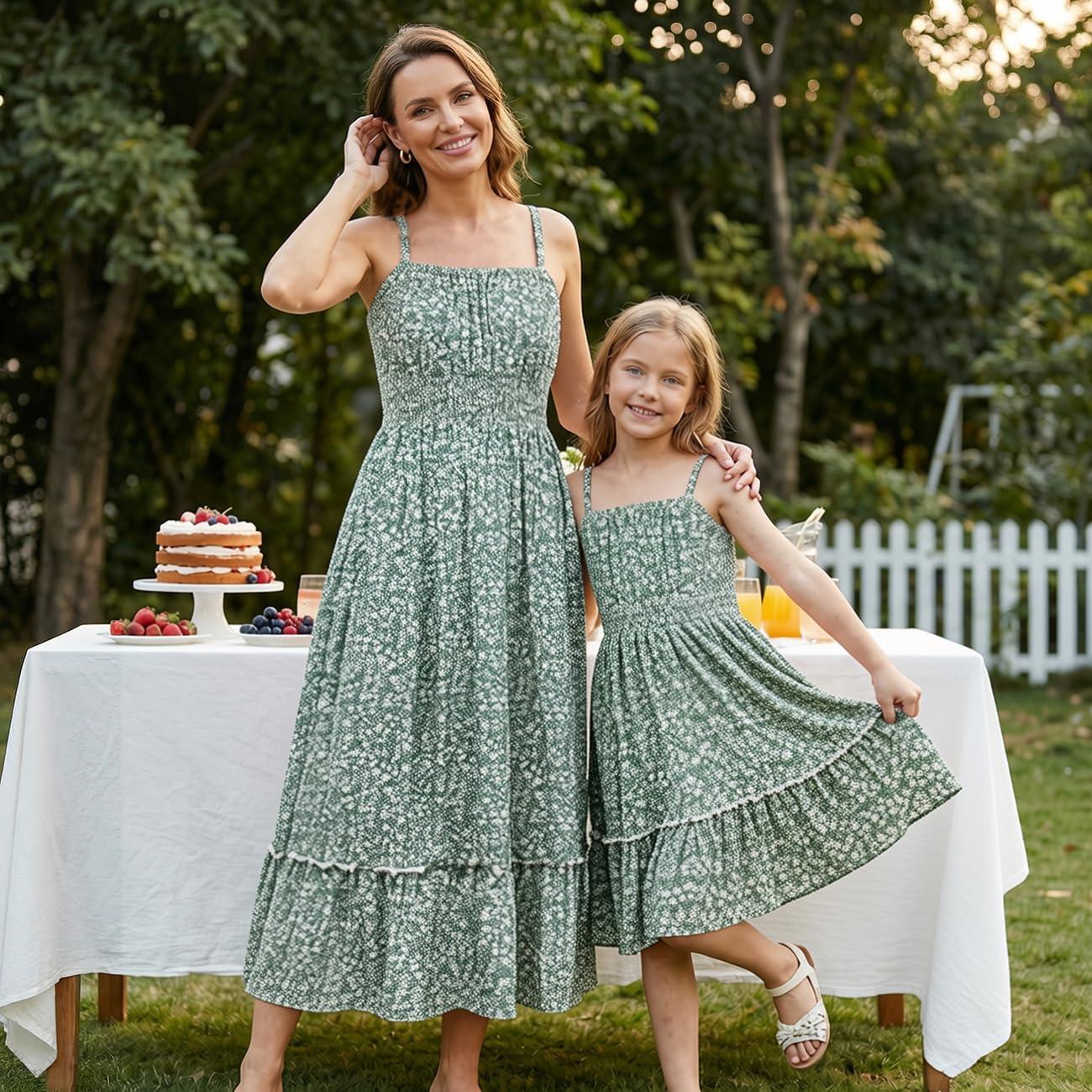 imageMommy and Me Floral Smocked DressSpaghetti Strap Boho DressSummer Maxi Dress with PocketsGreen