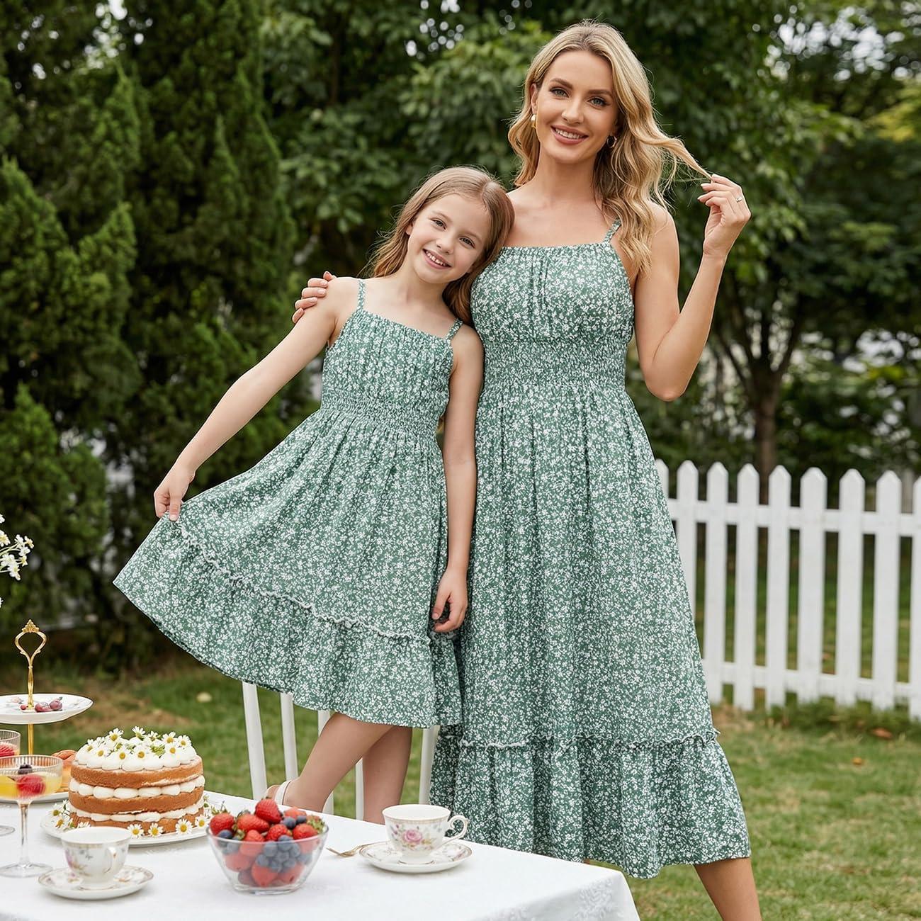 imageMommy and Me Floral Smocked DressSpaghetti Strap Boho DressSummer Maxi Dress with PocketsGreen