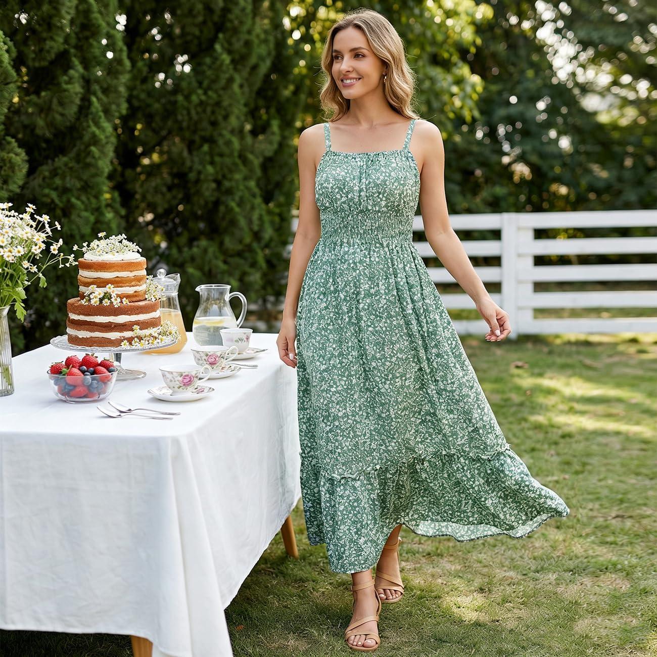 imageMommy and Me Floral Smocked DressSpaghetti Strap Boho DressSummer Maxi Dress with PocketsGreen