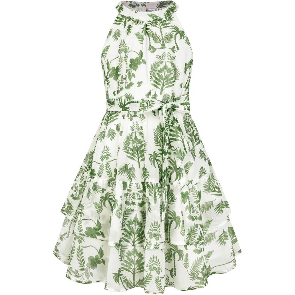 imageGRACE KARIN Girls Summer Beach Dress Floral Hawaiian Halter Chiffon Party Wedding Vacation Sundress 714YGreen