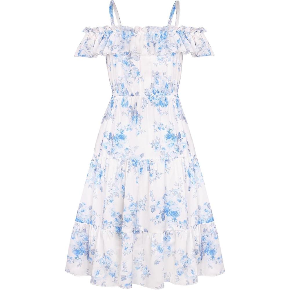 imageGRACE KARIN Girls Summer Dress Off Shoulder Ruffle Floral Spaghetti Strap Casual Sundress Tiered Midi DressBlue Flowers