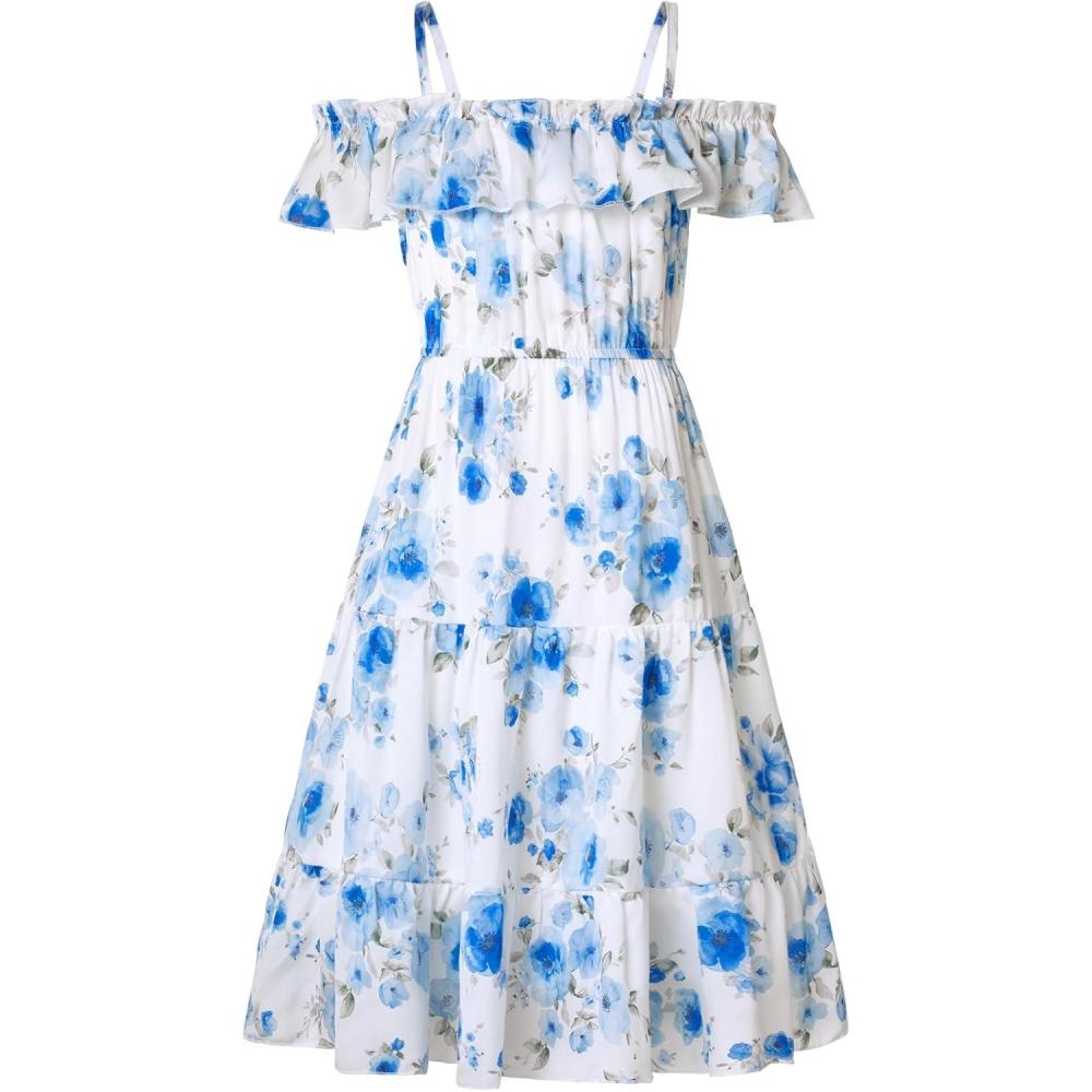 imageGRACE KARIN Girls Summer Dress Off Shoulder Ruffle Floral Spaghetti Strap Casual Sundress Tiered Midi DressBlue Flowers on White