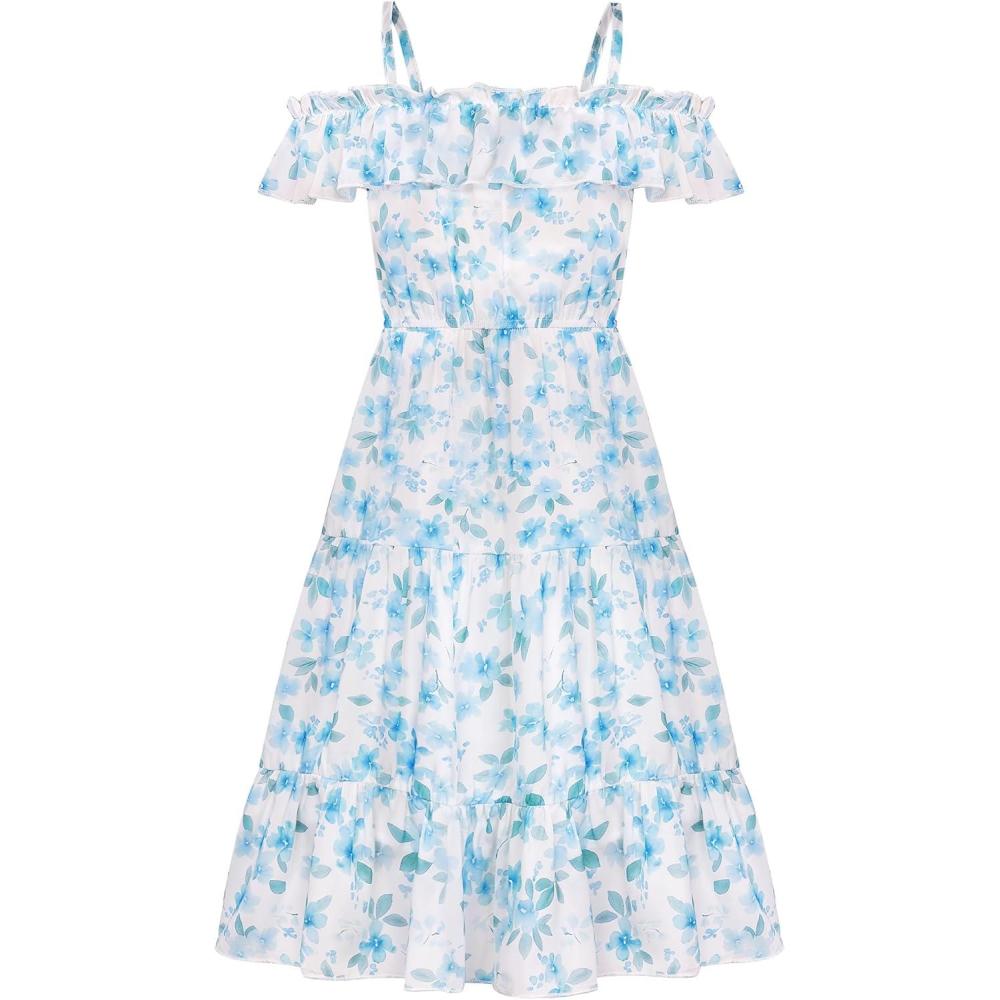 imageGRACE KARIN Girls Summer Dress Off Shoulder Ruffle Floral Spaghetti Strap Casual Sundress Tiered Midi DressBlue and Green Flowers