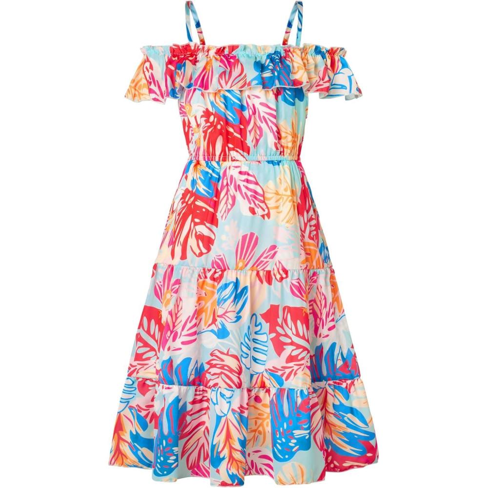 imageGRACE KARIN Girls Summer Dress Off Shoulder Ruffle Floral Spaghetti Strap Casual Sundress Tiered Midi DressColored Leaves