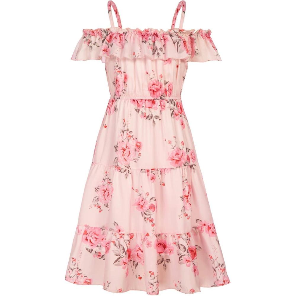 imageGRACE KARIN Girls Summer Dress Off Shoulder Ruffle Floral Spaghetti Strap Casual Sundress Tiered Midi DressFloral on Light Pink