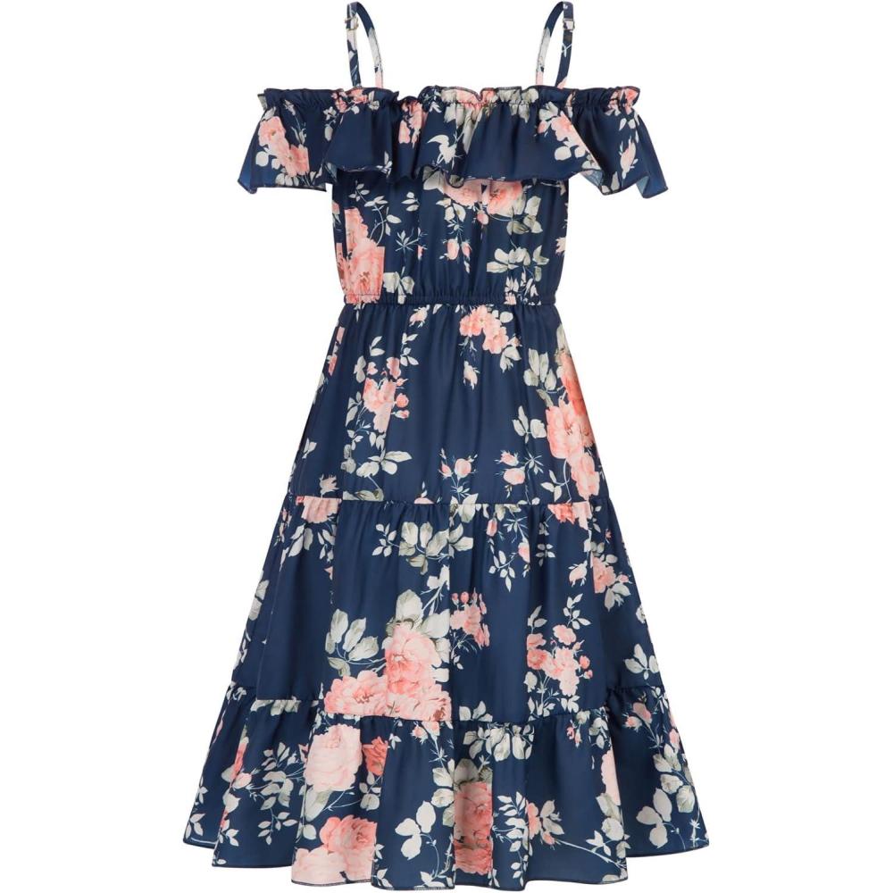 imageGRACE KARIN Girls Summer Dress Off Shoulder Ruffle Floral Spaghetti Strap Casual Sundress Tiered Midi DressFloral on Navy Blue