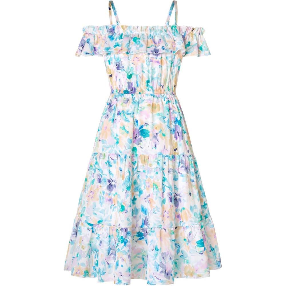 imageGRACE KARIN Girls Summer Dress Off Shoulder Ruffle Floral Spaghetti Strap Casual Sundress Tiered Midi DressFlowers and Leaves on White