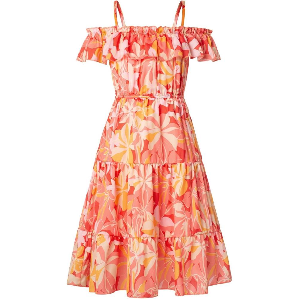 imageGRACE KARIN Girls Summer Dress Off Shoulder Ruffle Floral Spaghetti Strap Casual Sundress Tiered Midi DressFlowers on Orange