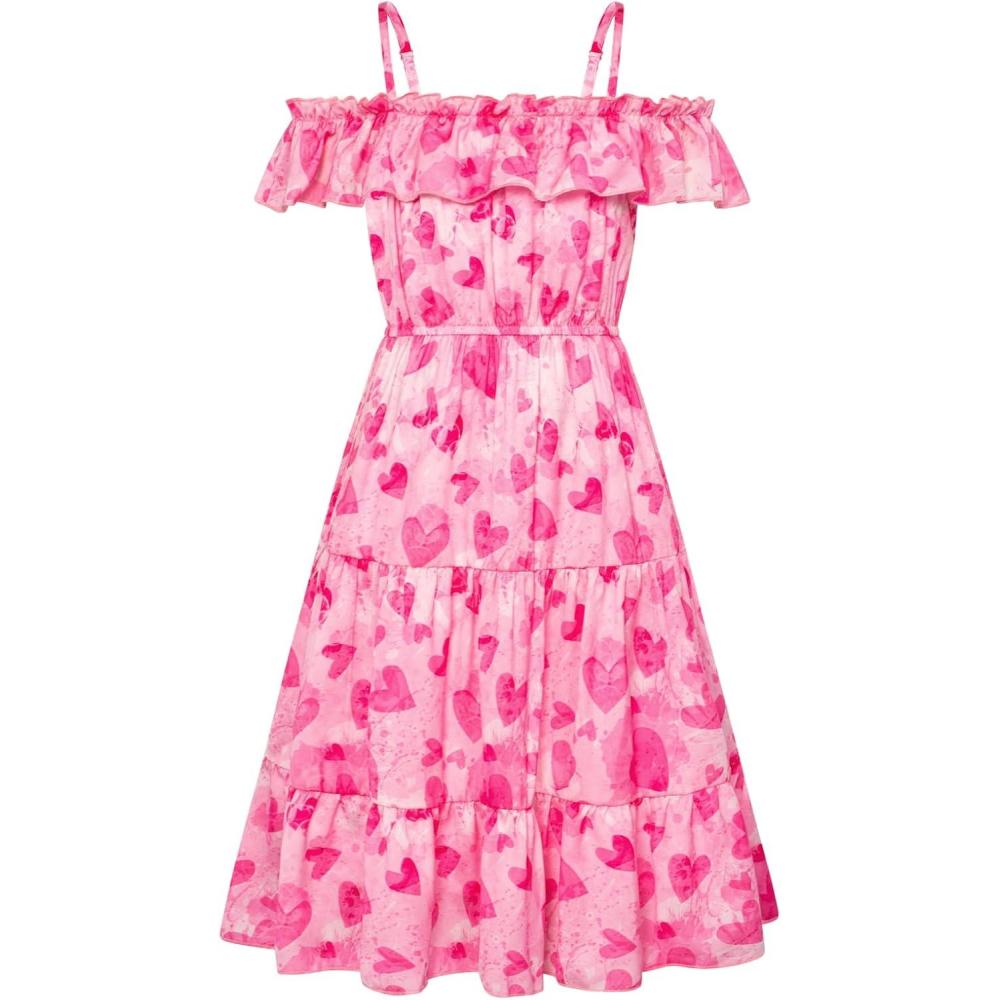imageGRACE KARIN Girls Summer Dress Off Shoulder Ruffle Floral Spaghetti Strap Casual Sundress Tiered Midi DressHot Pink Heart