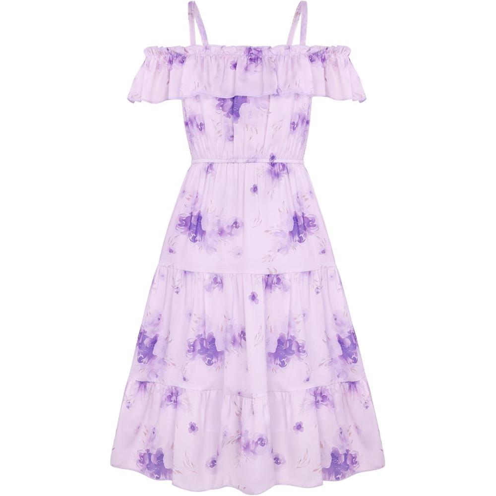 imageGRACE KARIN Girls Summer Dress Off Shoulder Ruffle Floral Spaghetti Strap Casual Sundress Tiered Midi DressPurple Flowers