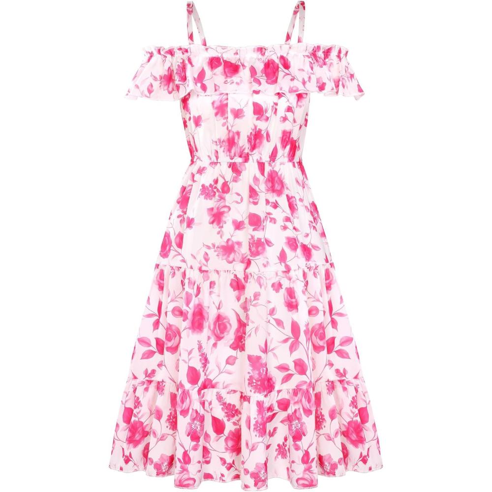 imageGRACE KARIN Girls Summer Dress Off Shoulder Ruffle Floral Spaghetti Strap Casual Sundress Tiered Midi DressRosered Flowers