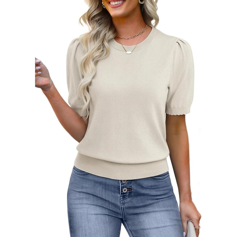 imageGRACE KARIN Womens Puff Short Sleeve Sweater Lightweight Dressy Casual Blouse Crewneck Knit Top Business Casual OutfitsIvory