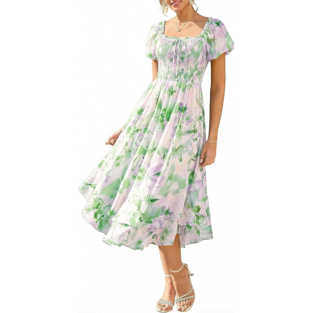 imageGRACE KARIN Womens Summer Dresses 2026 Puff Short Sleeve Floral Wedding Guest Dress Smocked Tiered Maxi Dress with PocketsGreen Floral