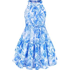 GRACE KARIN Girls Summer Beach Dress Floral Hawaiian Halter Chiffon Party Wedding Vacation Sundress 7-14Y(Blue)