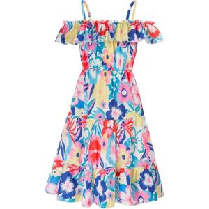 GRACE KARIN Girls Summer Dress Off Shoulder Ruffle Floral Spaghetti Strap Casual Sundress Tiered Midi Dress(Big Flower Pattern on White)