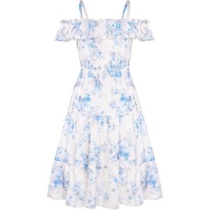 GRACE KARIN Girls Summer Dress Off Shoulder Ruffle Floral Spaghetti Strap Casual Sundress Tiered Midi Dress(Blue Flowers)