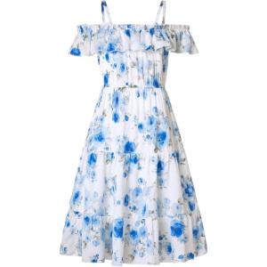 GRACE KARIN Girls Summer Dress Off Shoulder Ruffle Floral Spaghetti Strap Casual Sundress Tiered Midi Dress(Blue Flowers on White)