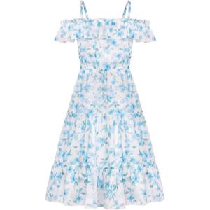 GRACE KARIN Girls Summer Dress Off Shoulder Ruffle Floral Spaghetti Strap Casual Sundress Tiered Midi Dress(Blue and Green Flowers)