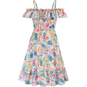GRACE KARIN Girls Summer Dress Off Shoulder Ruffle Floral Spaghetti Strap Casual Sundress Tiered Midi Dress(Floral Pattern in White)