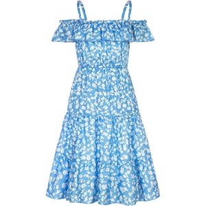 GRACE KARIN Girls Summer Dress Off Shoulder Ruffle Floral Spaghetti Strap Casual Sundress Tiered Midi Dress(Floral on Light Blue)