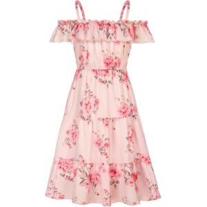 GRACE KARIN Girls Summer Dress Off Shoulder Ruffle Floral Spaghetti Strap Casual Sundress Tiered Midi Dress(Floral on Light Pink)