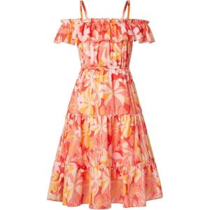 GRACE KARIN Girls Summer Dress Off Shoulder Ruffle Floral Spaghetti Strap Casual Sundress Tiered Midi Dress(Flowers on Orange)