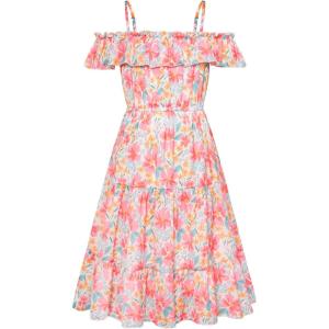 GRACE KARIN Girls Summer Dress Off Shoulder Ruffle Floral Spaghetti Strap Casual Sundress Tiered Midi Dress(Flowers on White)