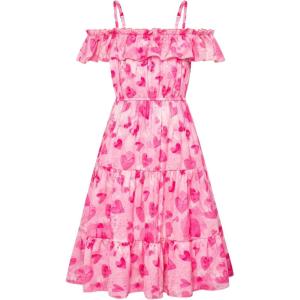 GRACE KARIN Girls Summer Dress Off Shoulder Ruffle Floral Spaghetti Strap Casual Sundress Tiered Midi Dress(Hot Pink Heart)