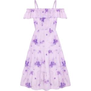 GRACE KARIN Girls Summer Dress Off Shoulder Ruffle Floral Spaghetti Strap Casual Sundress Tiered Midi Dress(Purple Flowers)