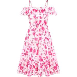 GRACE KARIN Girls Summer Dress Off Shoulder Ruffle Floral Spaghetti Strap Casual Sundress Tiered Midi Dress(Rose-red Flowers)