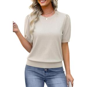 GRACE KARIN Women’s Puff Short Sleeve Sweater Lightweight Dressy Casual Blouse Crewneck Knit Top Business Casual Outfits(Beige)