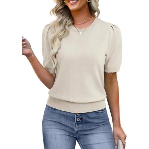 GRACE KARIN Women’s Puff Short Sleeve Sweater Lightweight Dressy Casual Blouse Crewneck Knit Top Business Casual Outfits(Ivory)