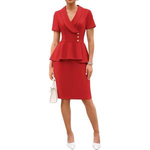 GRACE KARIN Work Dresses for Women 2026 Short Sleeve Bodycon Business Midi Dress Lapel V Neck Office Church Sheath Outfits(Dark Purple Red)