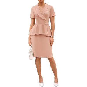 GRACE KARIN Work Dresses for Women 2026 Short Sleeve Bodycon Business Midi Dress Lapel V Neck Office Church Sheath Outfits(Pink)