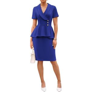 GRACE KARIN Work Dresses for Women 2026 Short Sleeve Bodycon Business Midi Dress Lapel V Neck Office Church Sheath Outfits(Royal Blue)
