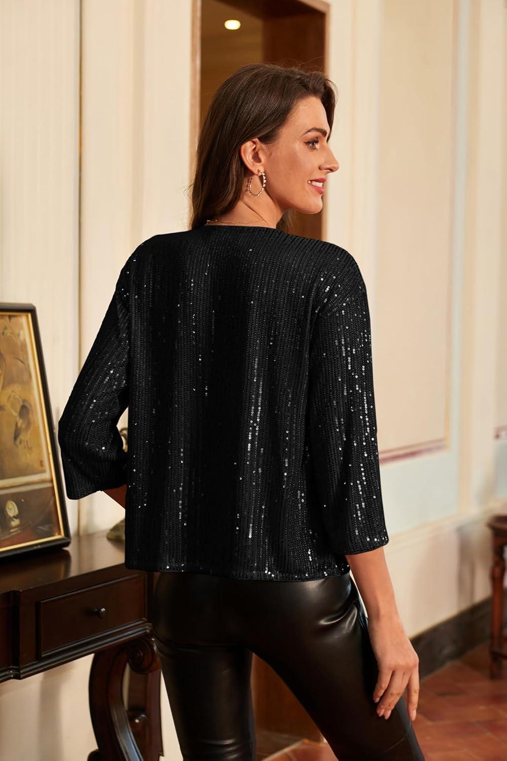 imageGRACE KARIN 2024 Womens 34 Sleeve Sequin Jackets Open Front Sequin Cardigan Sweaters Blazer S2XLBlack