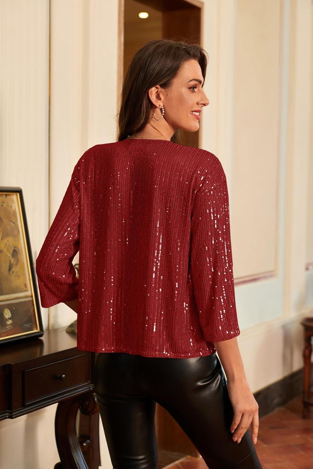 imageGRACE KARIN 2024 Womens 34 Sleeve Sequin Jackets Open Front Sequin Cardigan Sweaters Blazer S2XLRed