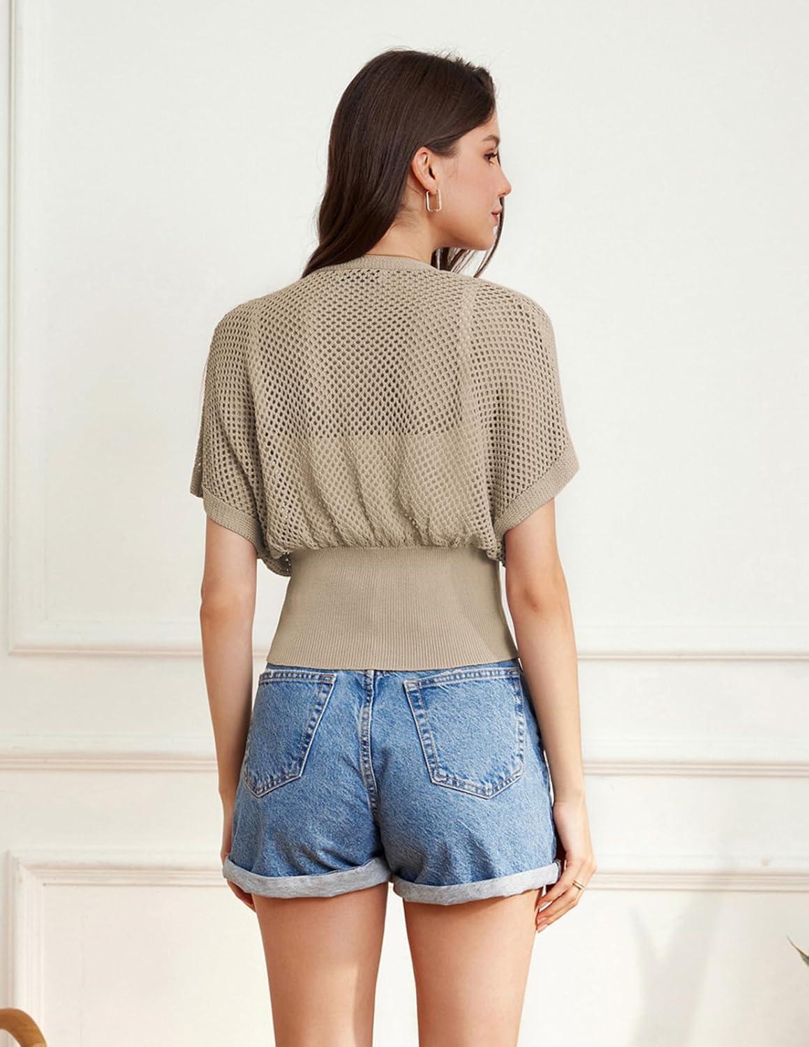 imageGRACE KARIN 2026 Women Short Sleeve Crochet Cardigan Summer Draped VNeck Bolero Shrug Sweater Hollow Out Beach Cover UpBeige