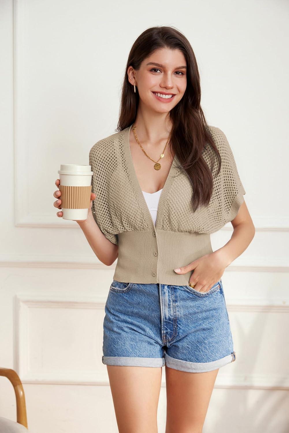 imageGRACE KARIN 2026 Women Short Sleeve Crochet Cardigan Summer Draped VNeck Bolero Shrug Sweater Hollow Out Beach Cover UpBeige