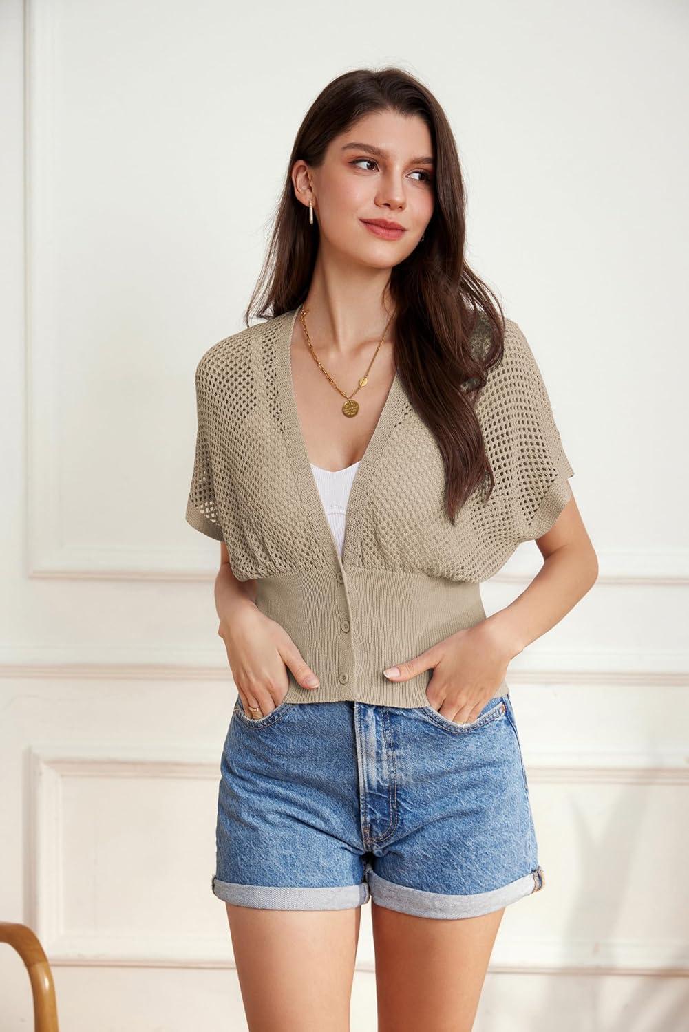 imageGRACE KARIN 2026 Women Short Sleeve Crochet Cardigan Summer Draped VNeck Bolero Shrug Sweater Hollow Out Beach Cover UpBeige