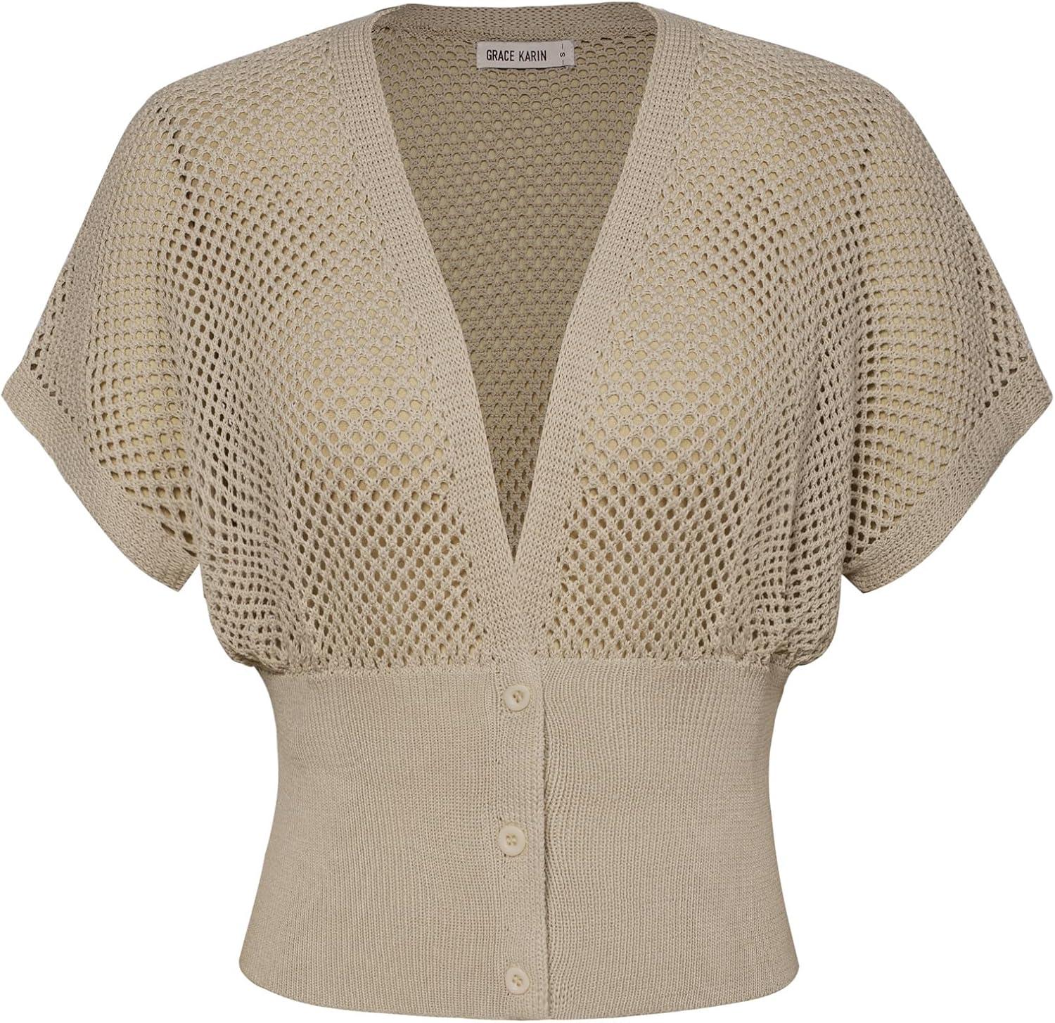 imageGRACE KARIN 2026 Women Short Sleeve Crochet Cardigan Summer Draped VNeck Bolero Shrug Sweater Hollow Out Beach Cover UpBeige