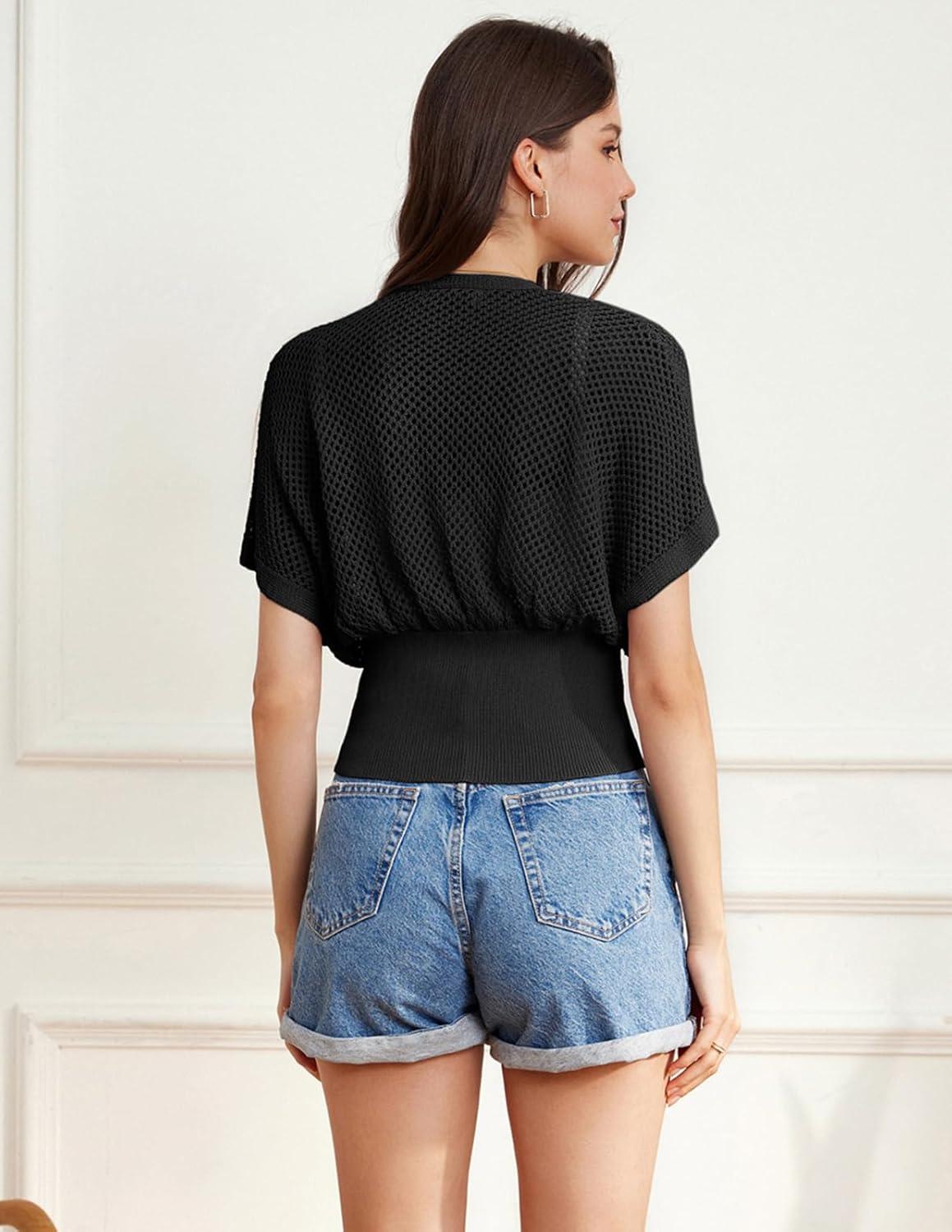 imageGRACE KARIN 2026 Women Short Sleeve Crochet Cardigan Summer Draped VNeck Bolero Shrug Sweater Hollow Out Beach Cover UpBlack