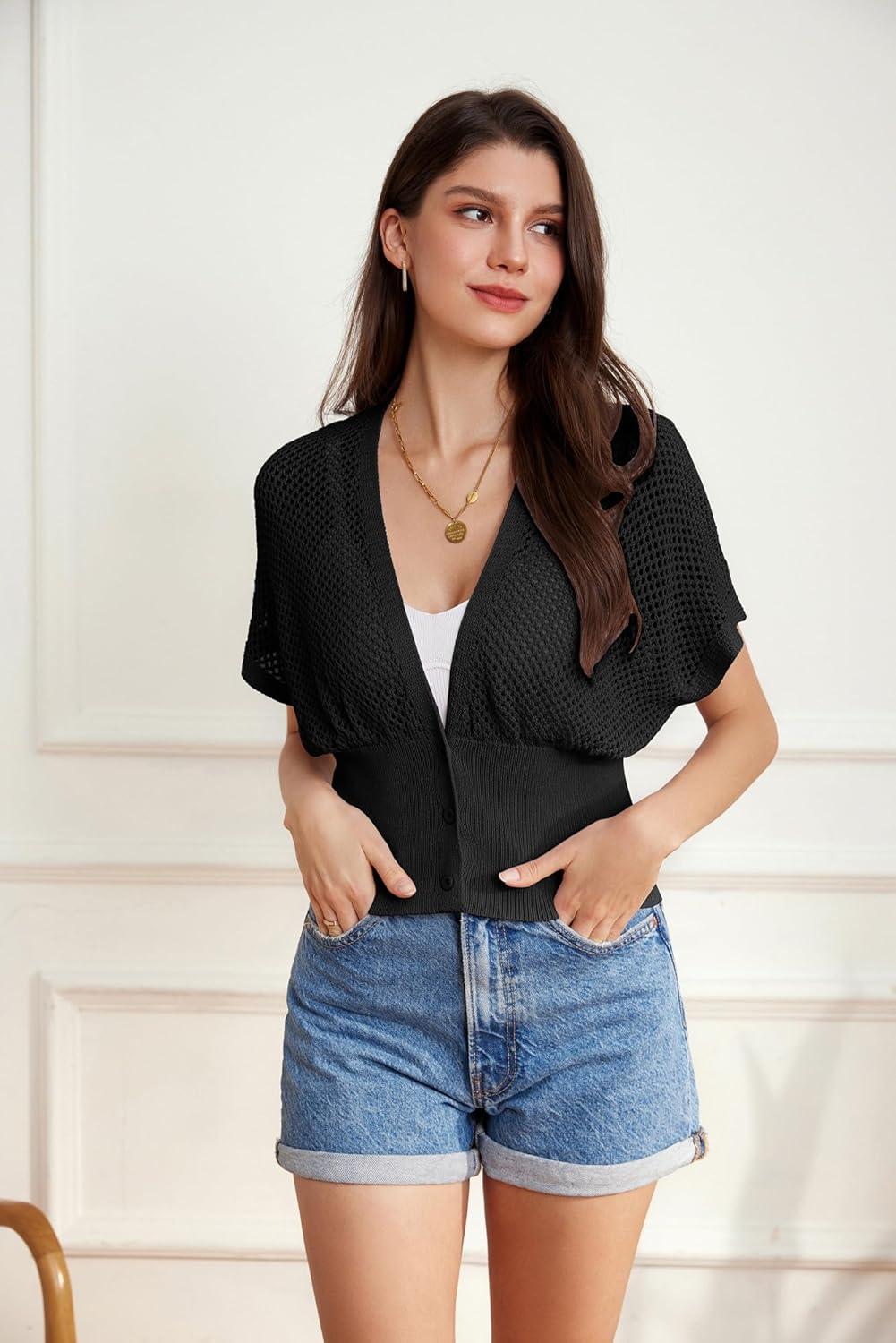 imageGRACE KARIN 2026 Women Short Sleeve Crochet Cardigan Summer Draped VNeck Bolero Shrug Sweater Hollow Out Beach Cover UpBlack