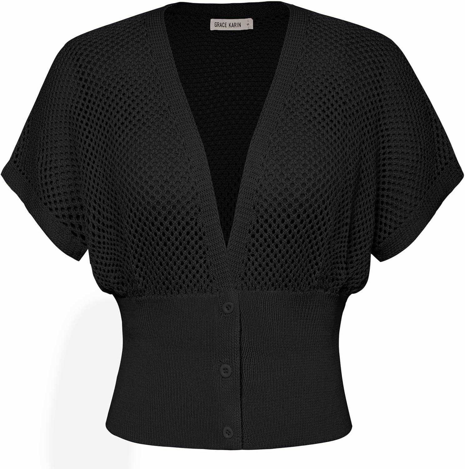 imageGRACE KARIN 2026 Women Short Sleeve Crochet Cardigan Summer Draped VNeck Bolero Shrug Sweater Hollow Out Beach Cover UpBlack
