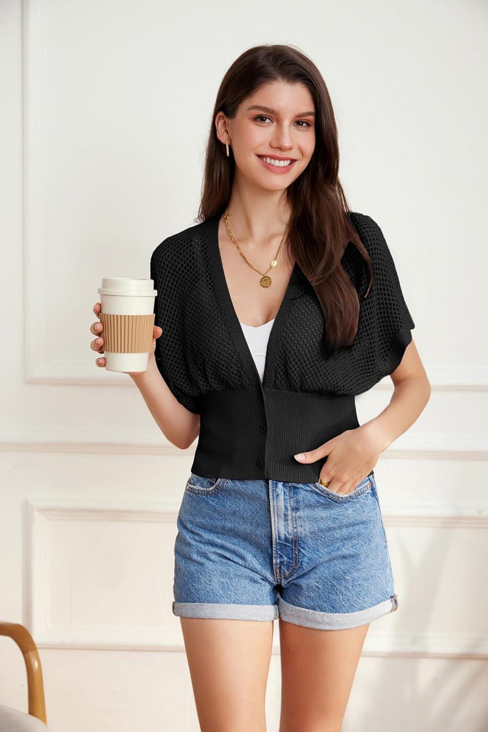 imageGRACE KARIN 2026 Women Short Sleeve Crochet Cardigan Summer Draped VNeck Bolero Shrug Sweater Hollow Out Beach Cover UpBlack