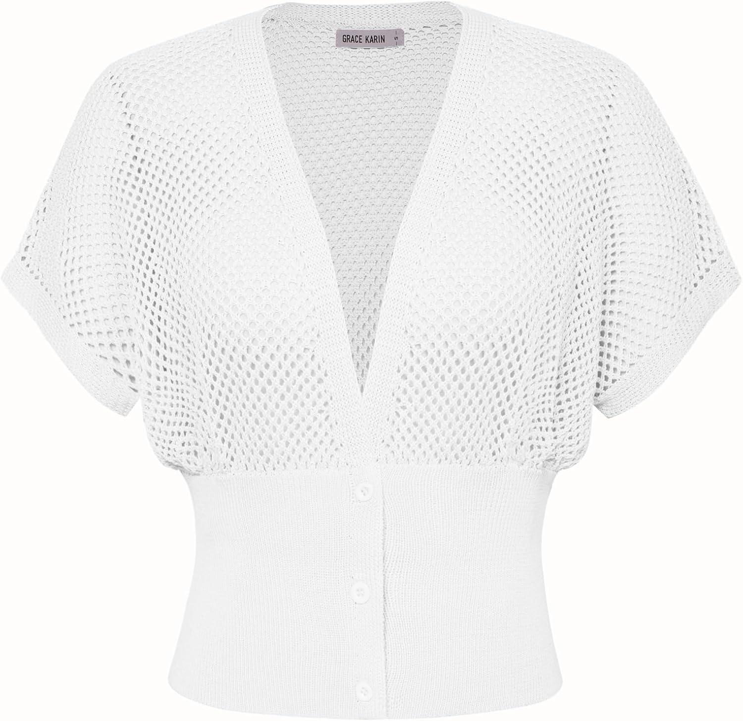 imageGRACE KARIN 2026 Women Short Sleeve Crochet Cardigan Summer Draped VNeck Bolero Shrug Sweater Hollow Out Beach Cover UpBright White