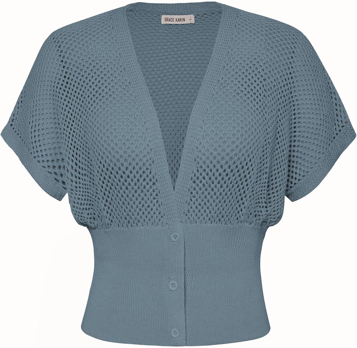imageGRACE KARIN 2026 Women Short Sleeve Crochet Cardigan Summer Draped VNeck Bolero Shrug Sweater Hollow Out Beach Cover UpGrey Blue